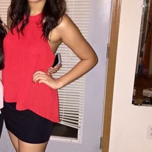 Red High/Low Halter Top with lace detailing